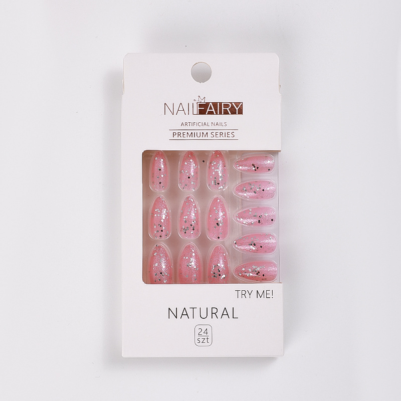 Wholesale of new cross-border glitter fake nails, pointed nails, detachable nail plates, patch nail art, sequined and fresh wearable nails Specification image