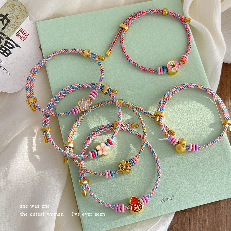 Pink longevity lock bracelet for the Dragon Boat Festival, adjustable multicolored rope, adult hand-woven bracelet accessory Specification image