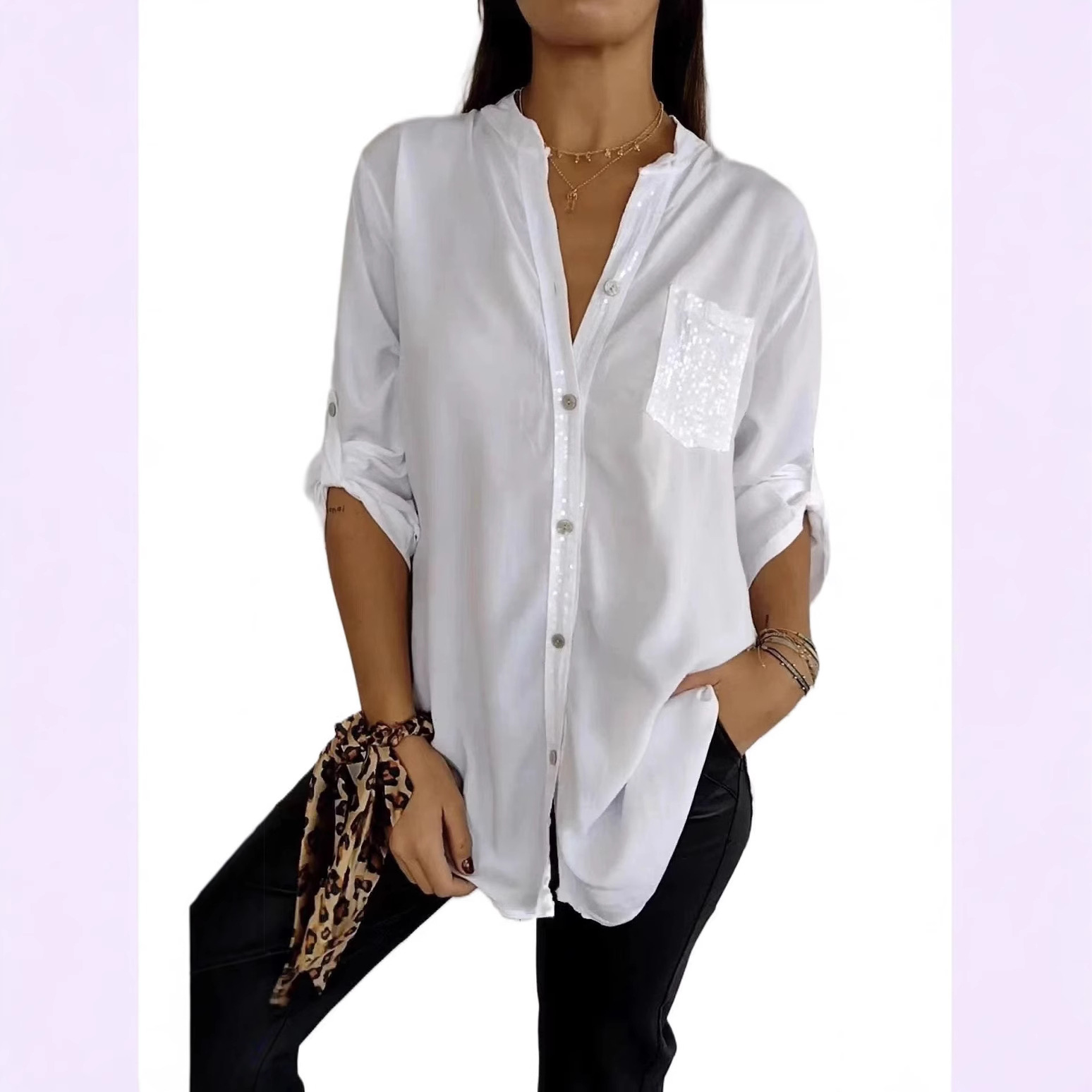 2025 New cross-border fashion sequined long-sleeved women's shirts from Europe and America are in stock details Picture