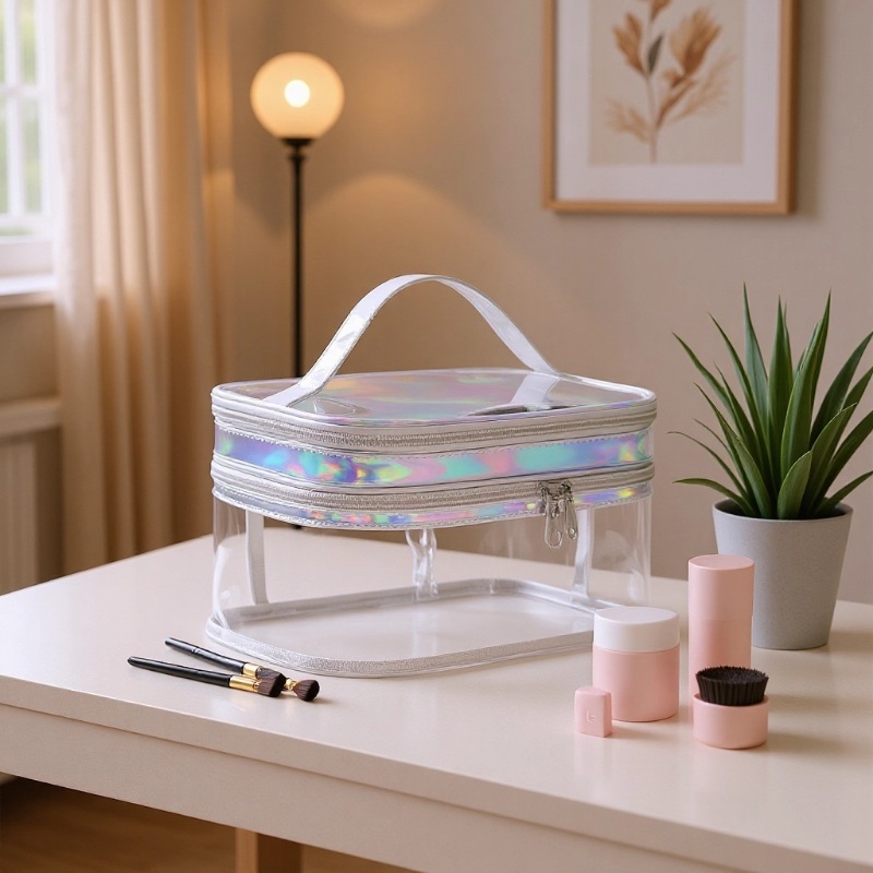The new cross-border best-selling double-layer PVC cosmetic bag features a colorful laser multi-functional double-layer storage for cosmetics. It has a large capacity and is a popular online handbag. It is transparent and visible, a must-have for travel and outings