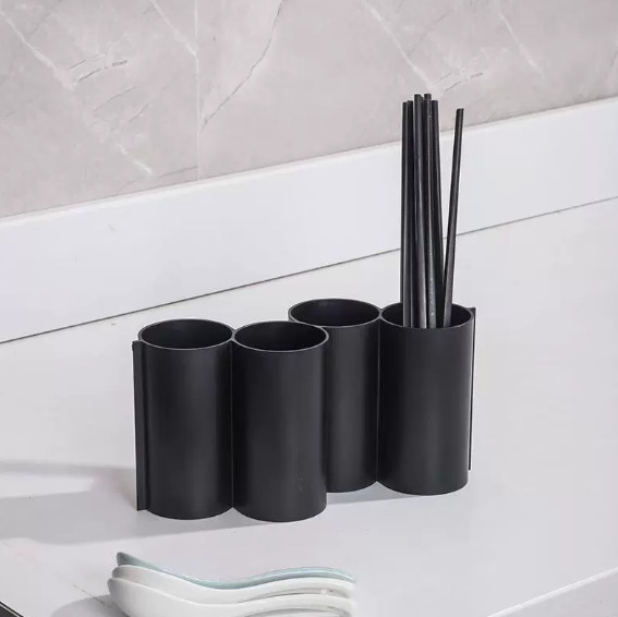 Four-compartment round black chopstick cage, multi-functional classification, chopsticks, spoons, spatula, soup spoons, kitchen storage plastic rack Specification image