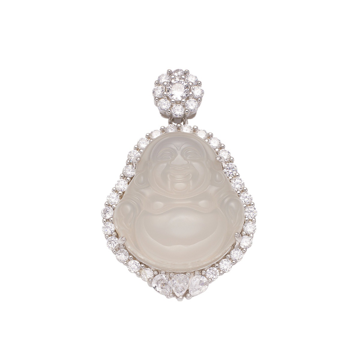 S925 silver inlaid with ice-type white chalcedine, large-bellied Buddha pendant full of diamonds, Chinese trend style Maitreya Buddha sweater chain necklace for women Item Picture