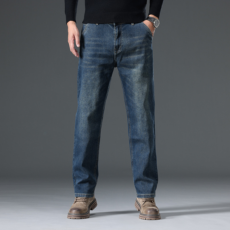 High-end cotton straight-leg jeans with fleece loose, casual and versatile men's trousers for autumn and winter, new stretch casual pants Specification image