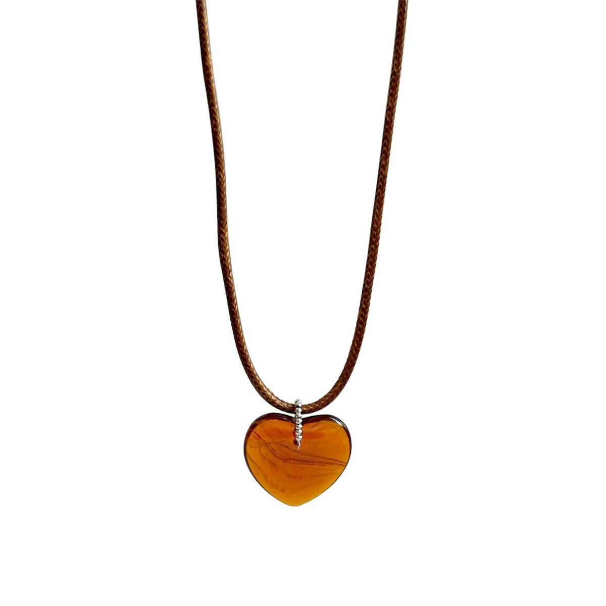 Retro rock sugar amber heart-shaped pendant necklace for women, adjustable wax rope, long sweater chain for autumn and winter, a niche accessory Item Picture