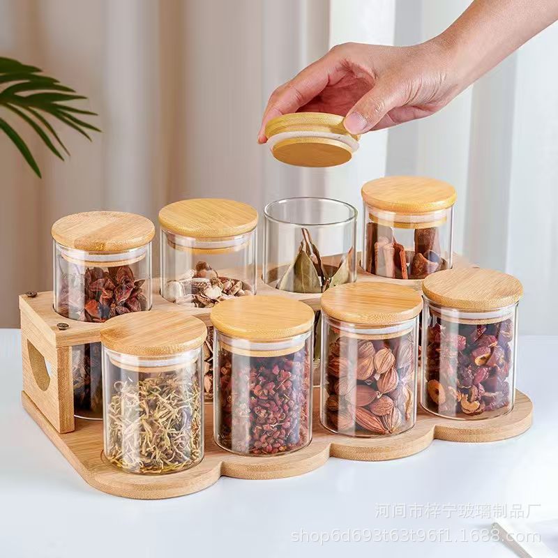 Cross-border seasoning bottle set combination set, high borosilicate glass bamboo lid with spoon seasoning jar set, storage jar, tea jar details Picture