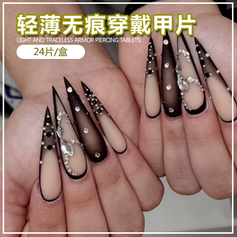Cross-border European and American bestsellers, long French handcrafted nail art pieces, water diamond gradient detachable hand nail patches details Picture