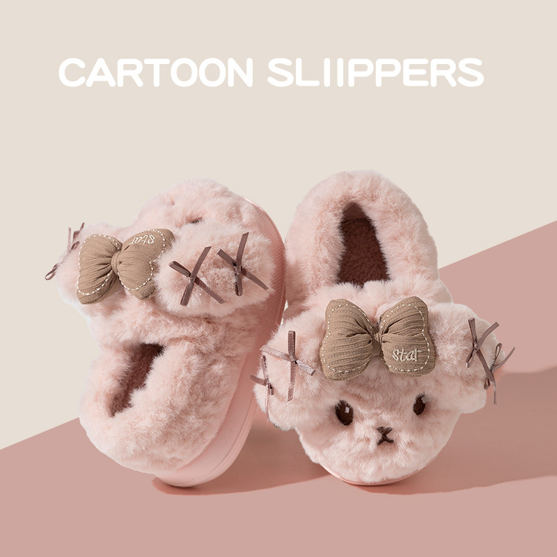 儿童棉拖鞋女孩冬季女大童包跟卡通可爱蝴蝶结居家室内棉鞋小童