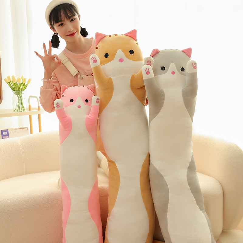 跨境长条猫胖款抱枕可爱猫咪动物公仔毛绒玩具安抚娃海外压缩包装细节图