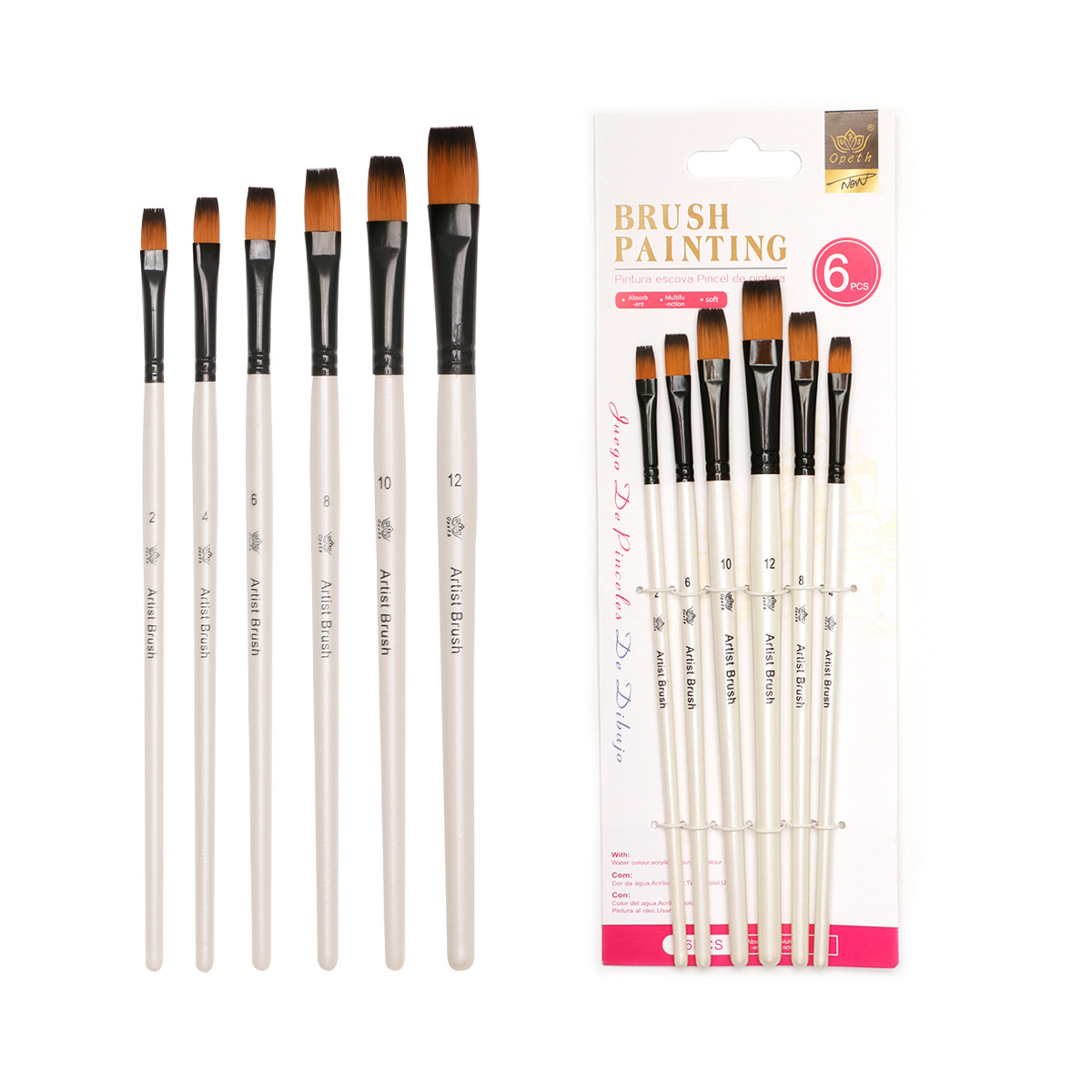Cross-border 6-piece pearlescent white oil painting brush set, specially designed for art with acrylic outlining brushes, watercolor and gouache oil painting brushes Item Picture