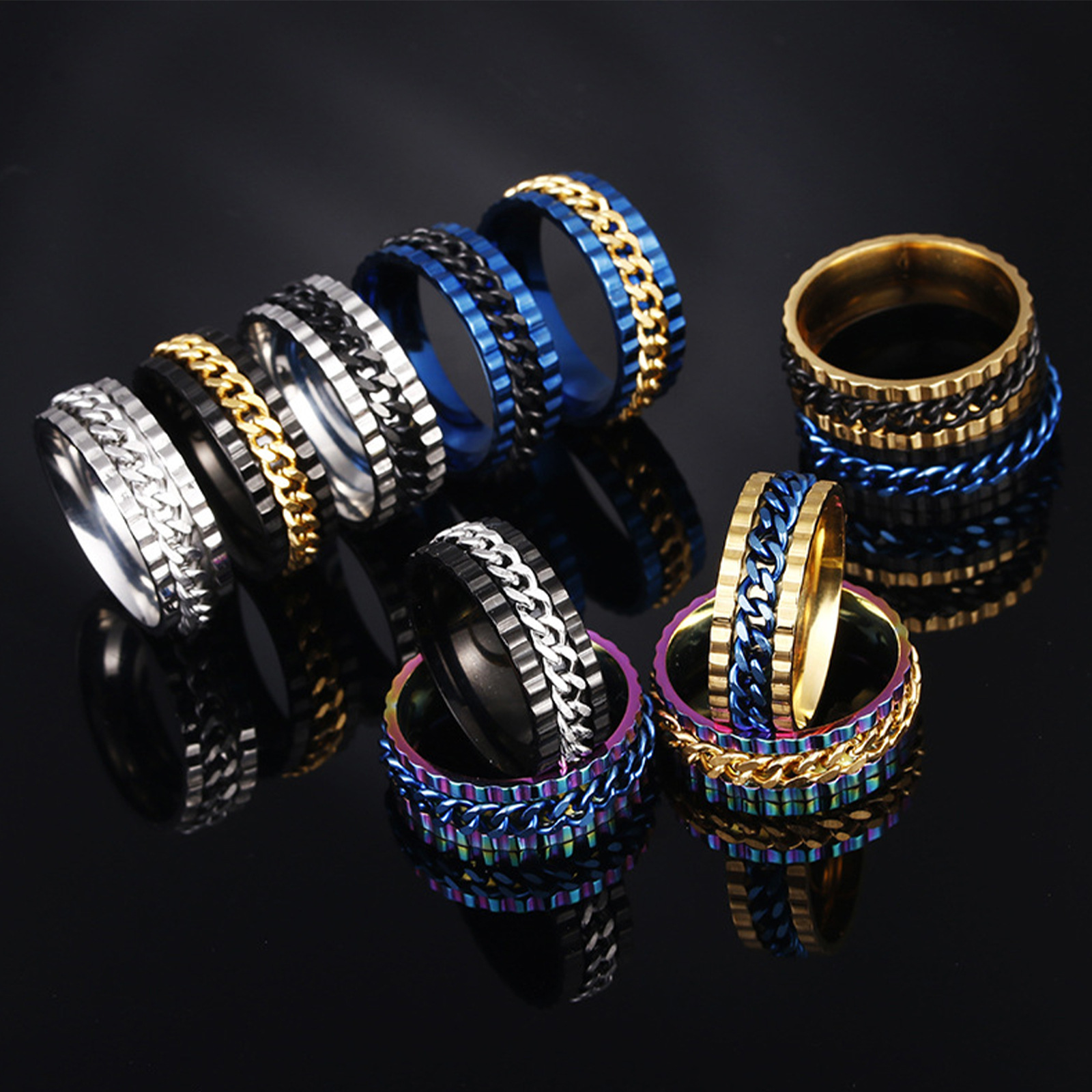 Wholesale of new cross-border European and American men's titanium steel chain rotating rings in 12-color full-color stress-relieving accessories Specification image