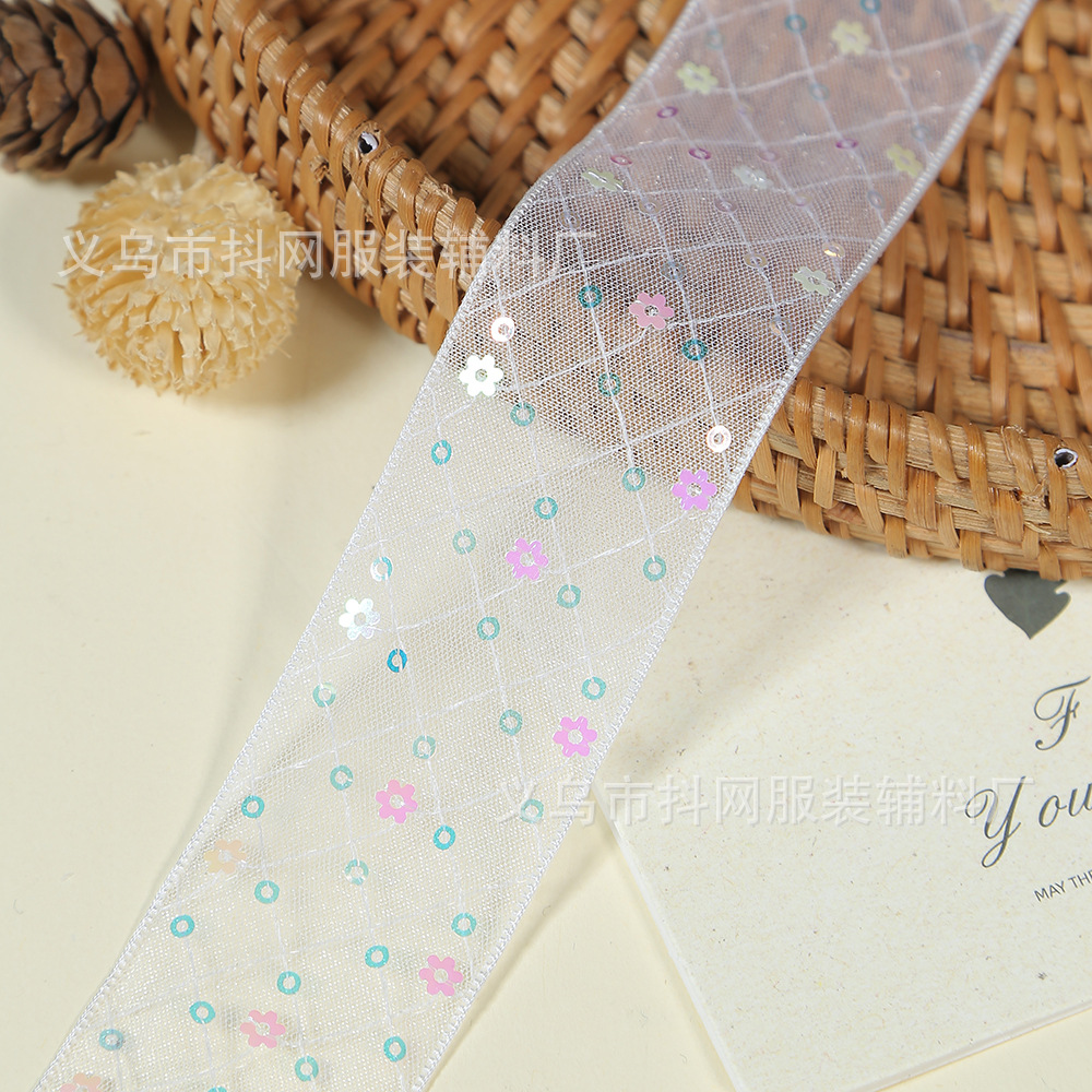 Wholesale of 4cm new grid-printed ribbon sequin children's hair accessory accessories, bow and flower packaging materials Application Scenario