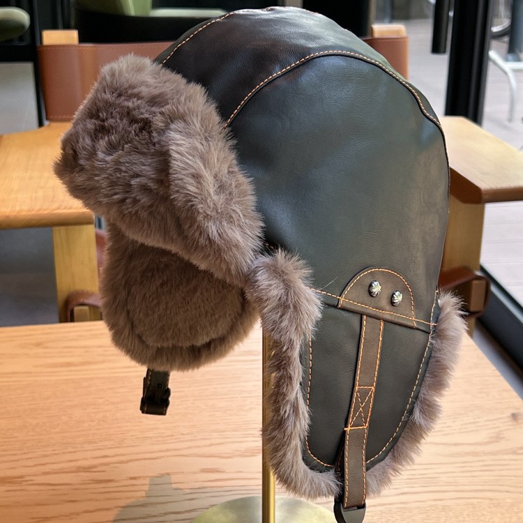 New leather windproof star Lei Feng hats for men and women, warm outdoor retro thickened Northeast flight hats details Picture