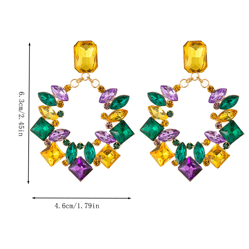 New European and American fashion cross-border retro best-selling colorful flower rhinestone earrings, square pendants, exaggerated style and personalized earrings wholesale details Picture