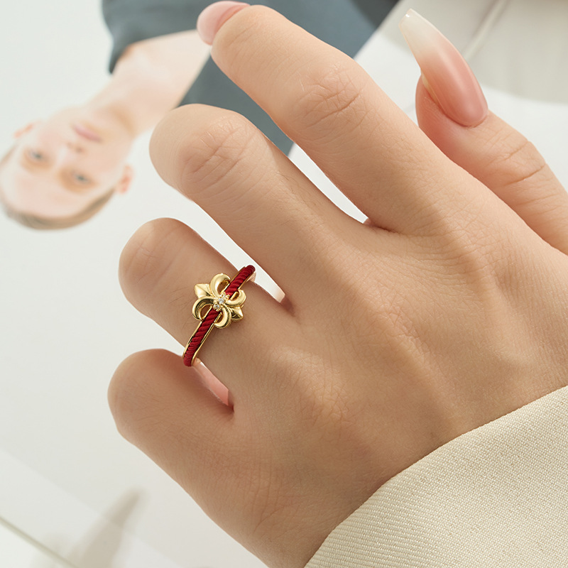 Original design for wealth and good luck: Woven red rope open ring, copper alloy, real gold electroplated with zirconium, adjustable ring details Picture