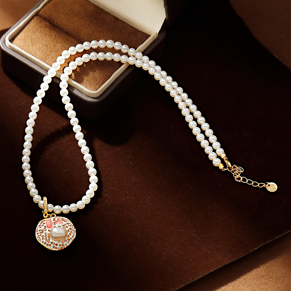 Hyacinth round pearl necklace, women's fashion, light luxury, pink all-purpose pendant, new Chinese style, super ethereal charm, enamel drop glaze details Picture