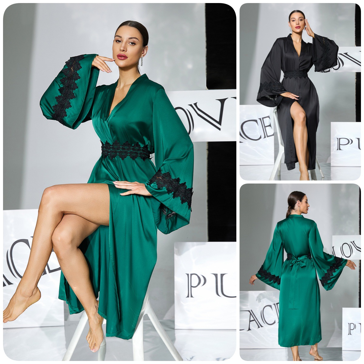 Sexy and light luxury lady's satin bathrobe with water-soluble floral decoration, flared sleeves, cinched waist and tie, foreign trade style home wear 1145