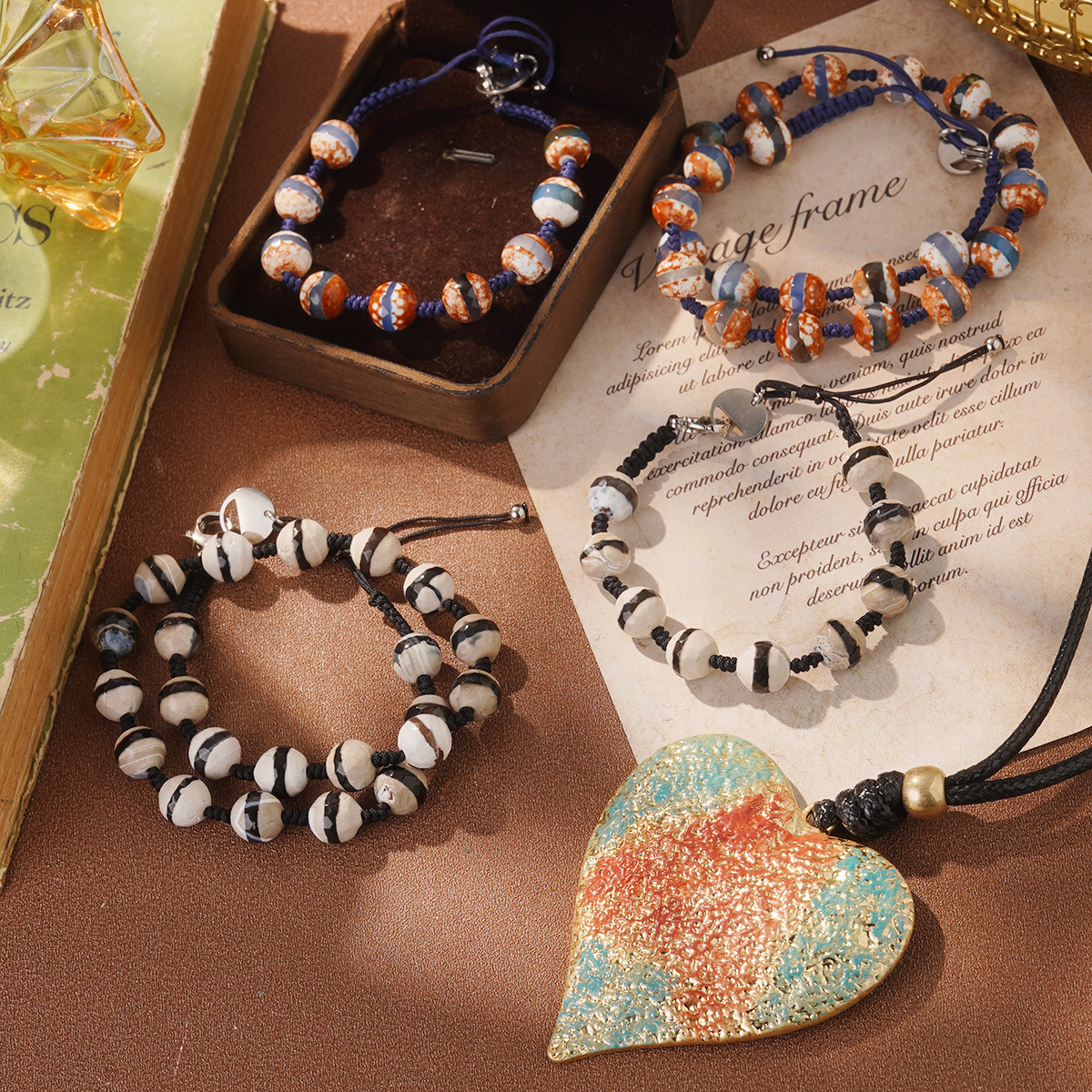 French-style European and American seven-color natural stone retro and simple multiple heart-shaped necklaces and bracelets, adjustable woven beaded bracelets