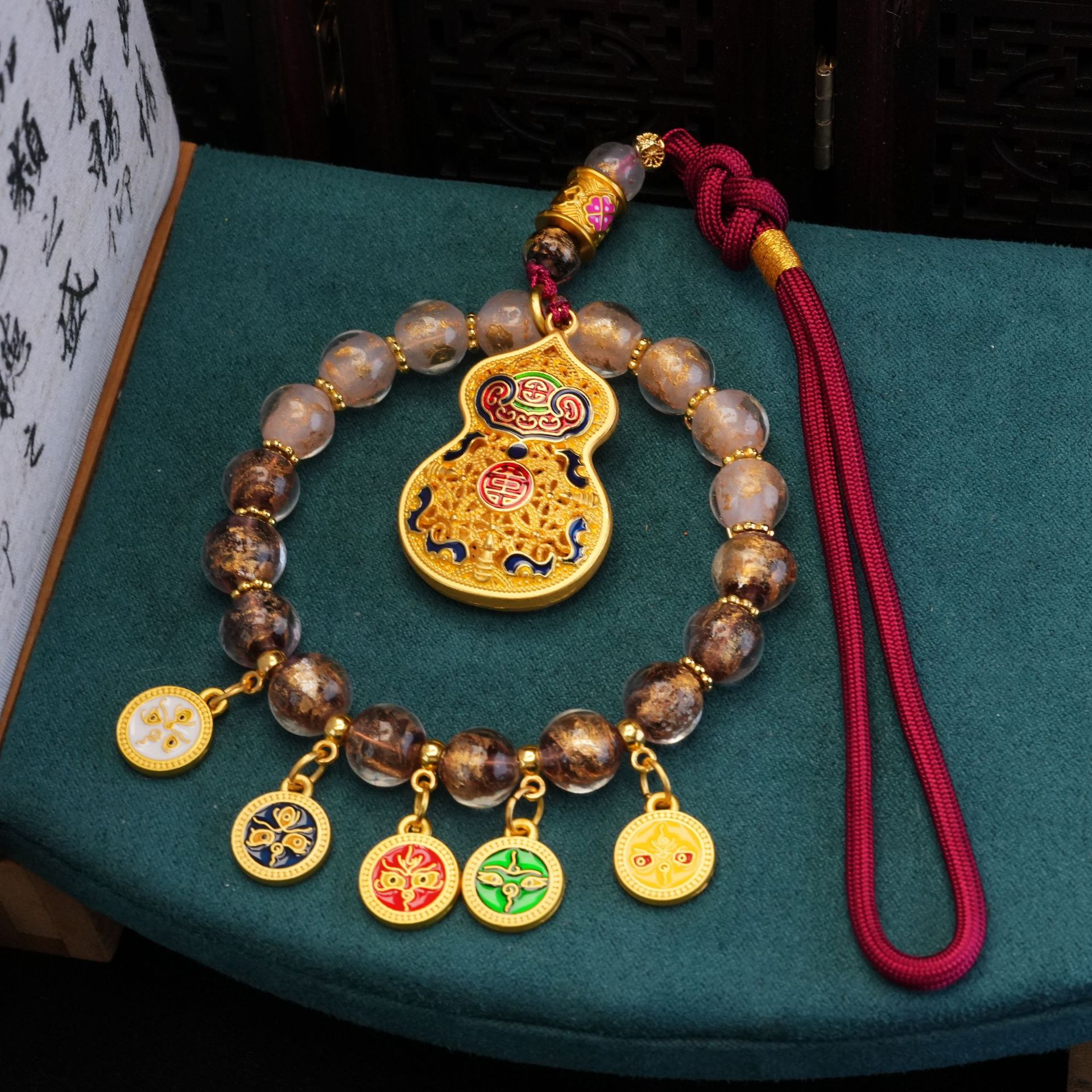 灵隐同款五路财神琉璃水晶车载挂件纳福保平安高级感国风饰品配饰