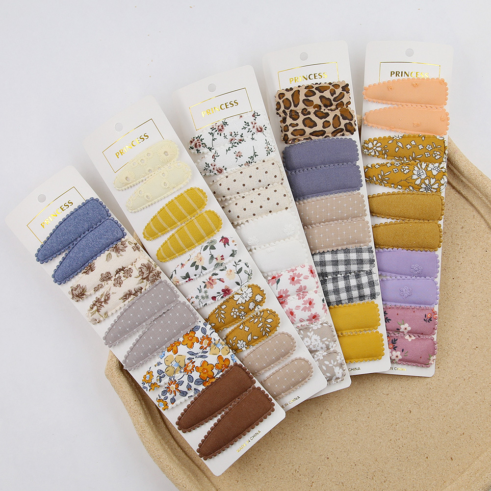 跨境春季新款儿童侧边BB夹印花宝宝水滴发夹套装甜美布艺女生发饰