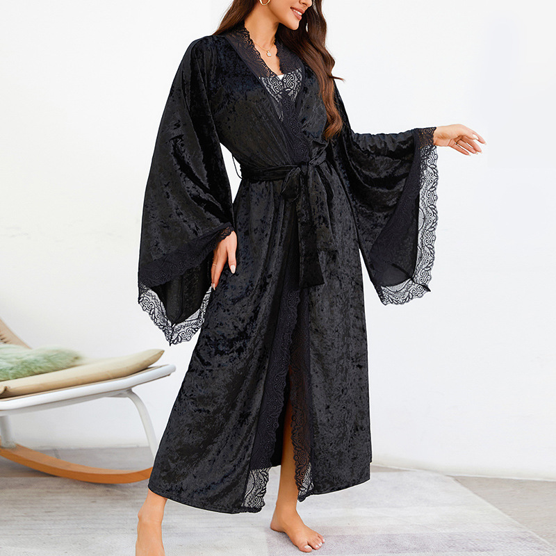 Feiyun's new European and American extended bathrobe, sexy lace light luxury long-sleeved velvet bathrobe and home wear, 623 details Picture