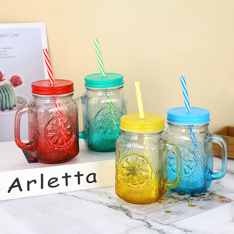 Mason glass cup with straw handle, creative juice glass water cup, gradient frosted colored glass water cup details Picture