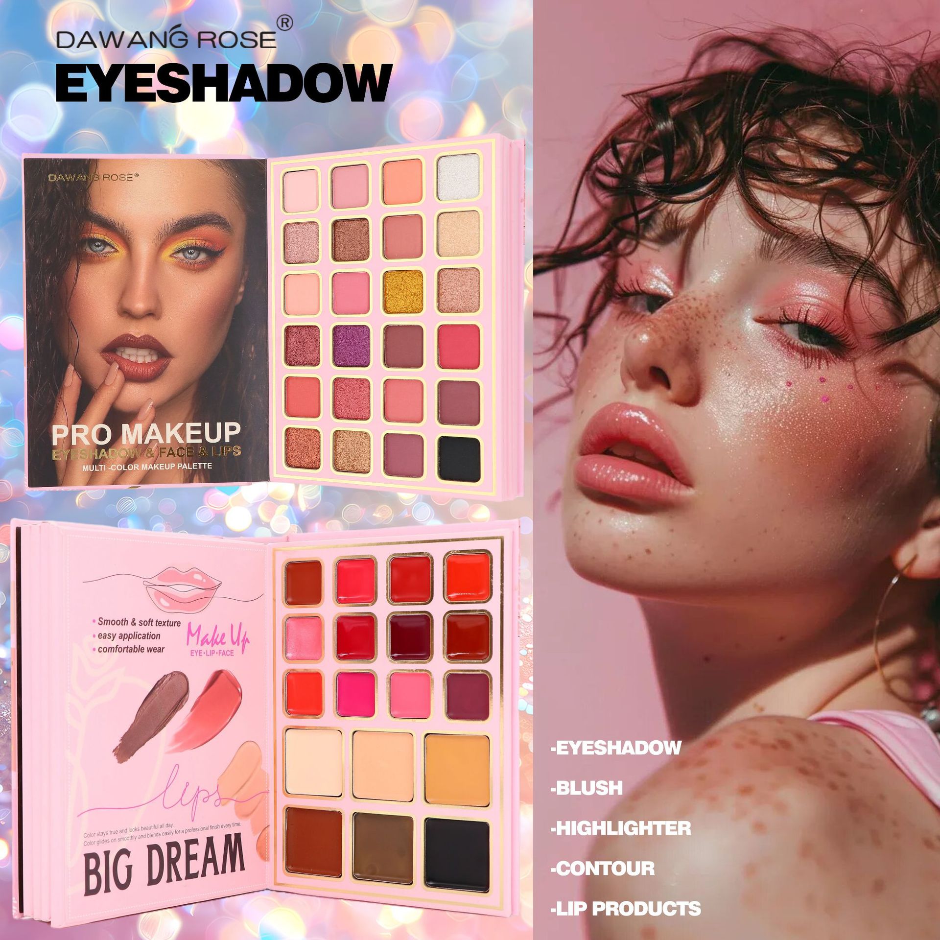 DAWANG ROSE Book Multi-Color Eyeshadow Palette, Eyeshadow Blush, Contouring Lip Mud All-in-one Comprehensive Makeup Palette Application Scenario