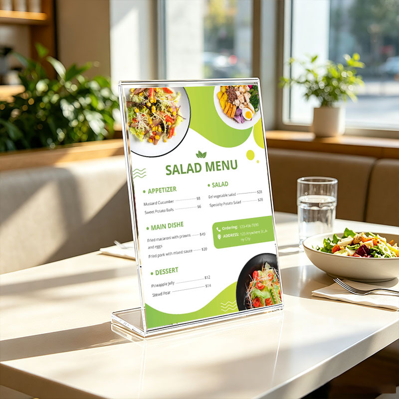 Cross-border Amazon acrylic table card L-shaped transparent display stand, wine price list menu stand display board, customized Western restaurant drink price tag stand, hotel dish description display stand counter, product introduction vertical bracket Item Picture