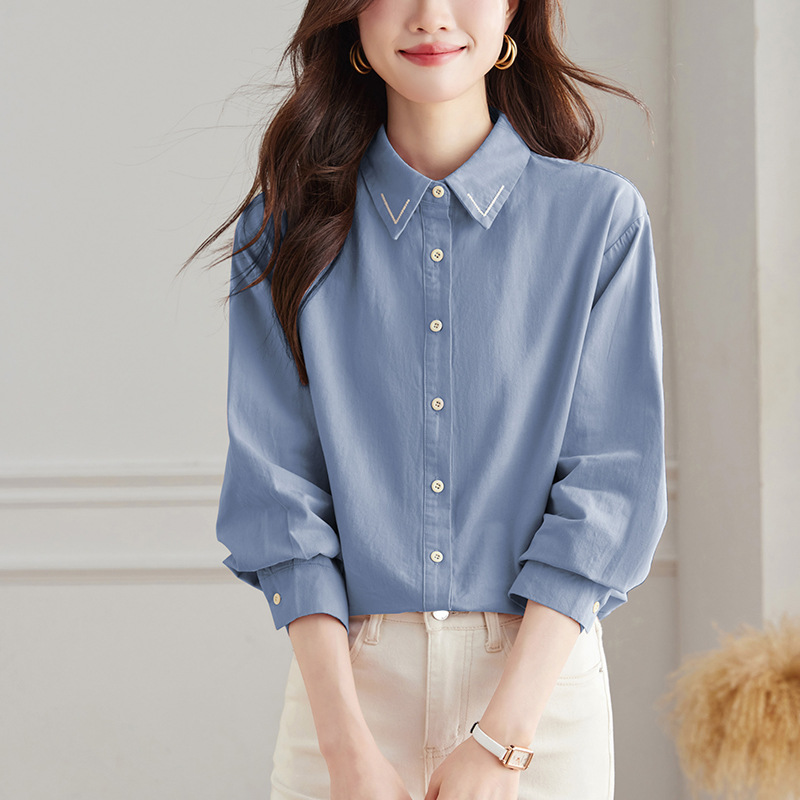 Factory direct sales of combed cotton shirts for women with long sleeves in 2025 spring and autumn. Simple and exquisite pure cotton commuter women's shirts details Picture