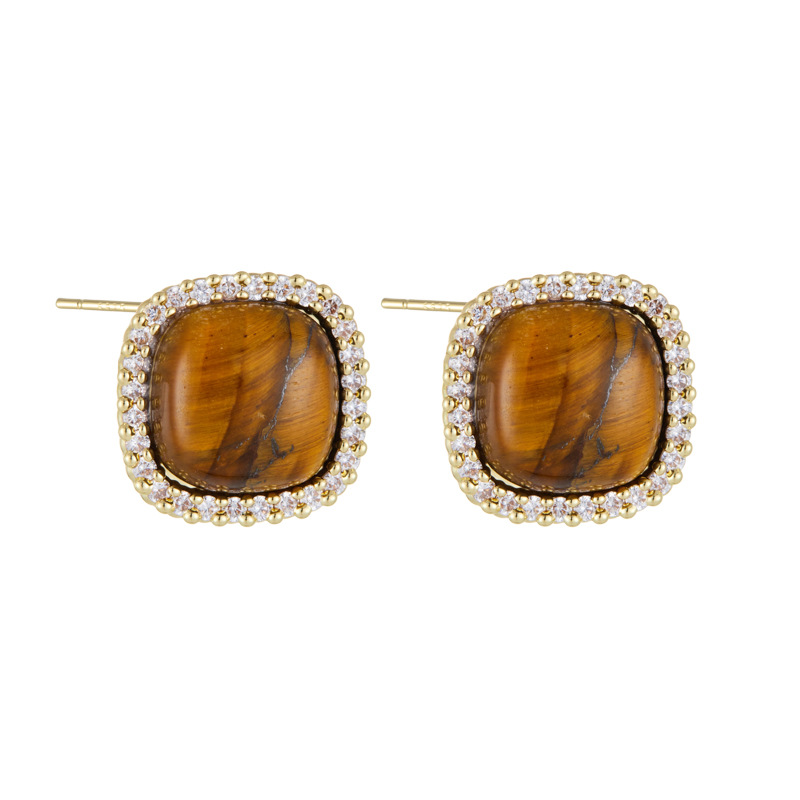 Retro square tiger's eye ear studs, copper alloy, real gold electroplated, slightly inlaid zircon s925 silver needle, light luxury and versatile earrings Item Picture