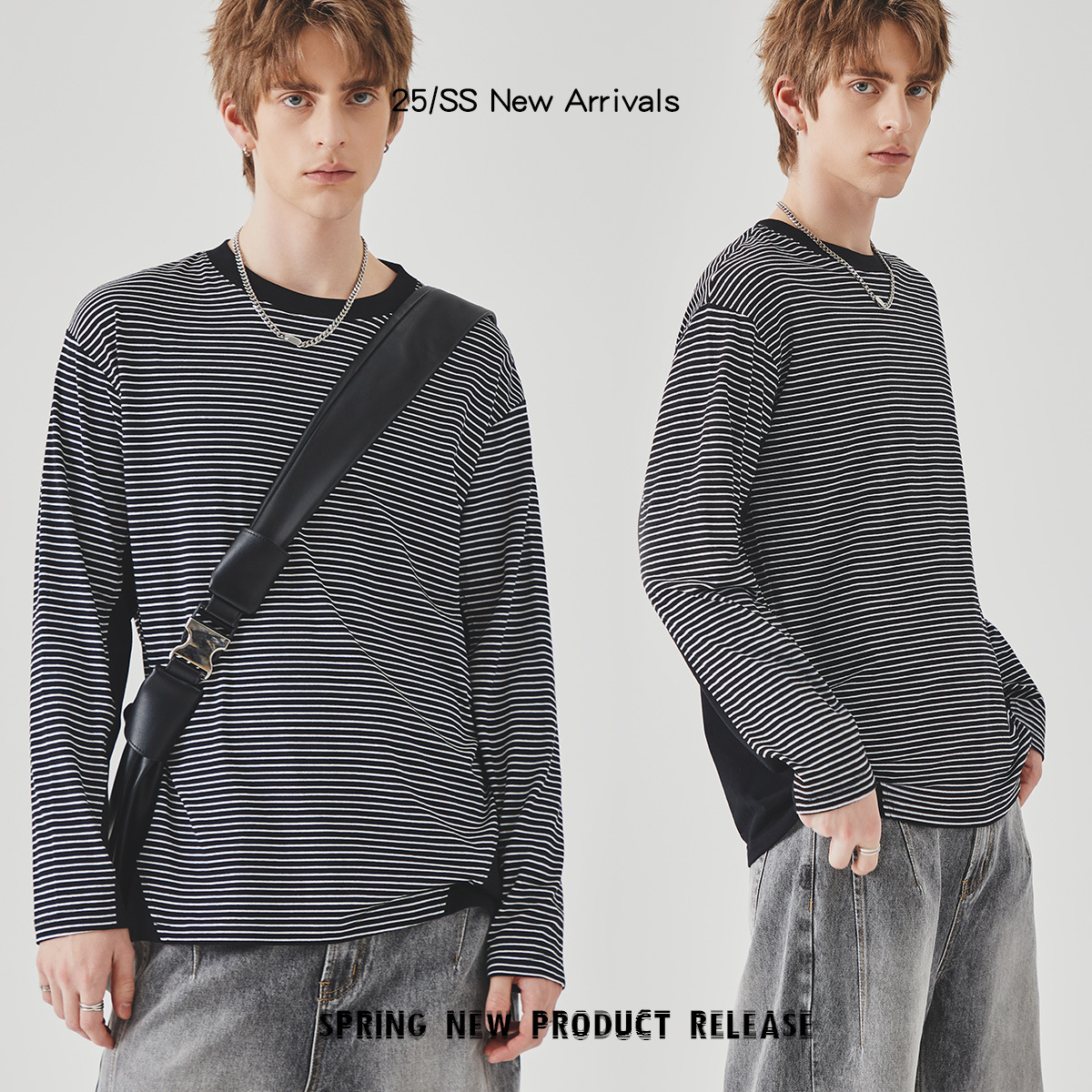 APO men's Wear: Contrasting color striped long-sleeved T-shirt, a trendy brand for men's spring and autumn, loose round-neck inner layer top and base layer Specification image