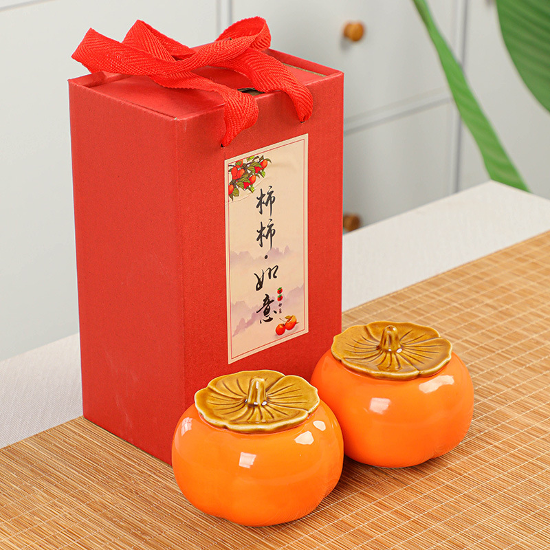 Creative, everything goes well Ceramic persimmon tea canister decoration, small household tea storage, good things come in pairs, gift box set