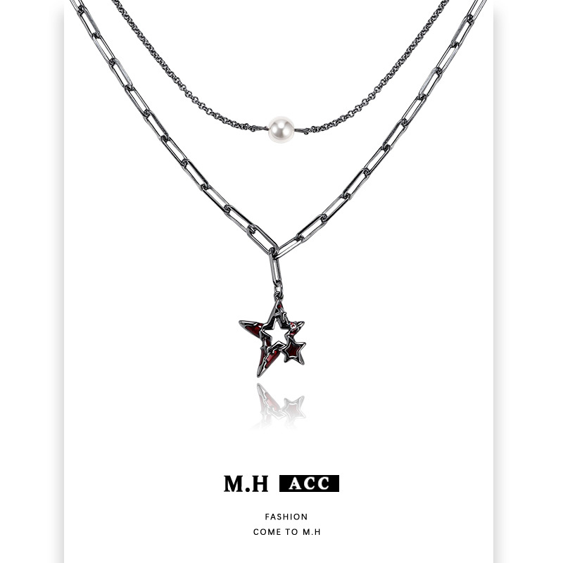 Red meteorite double-layered necklace for women, light luxury fashion, niche high-end feel, dark style, sweet and cool original collarbone chain