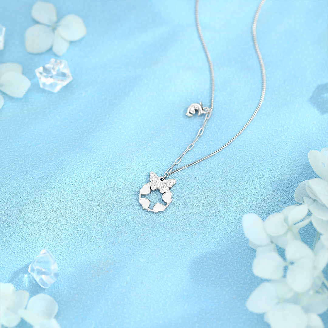 蝴蝶爱心碎冰冰足银项链女海豚森系小清新纯银锁骨链七夕生日礼物细节图