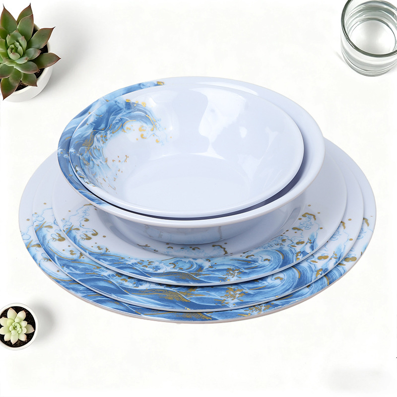 Wholesale of melamine tableware by Jinhailang in foreign trade: bowls, plates, spoons, cups, hot pot vegetable plates, self-service round plates, stir-fried rice plates full figure