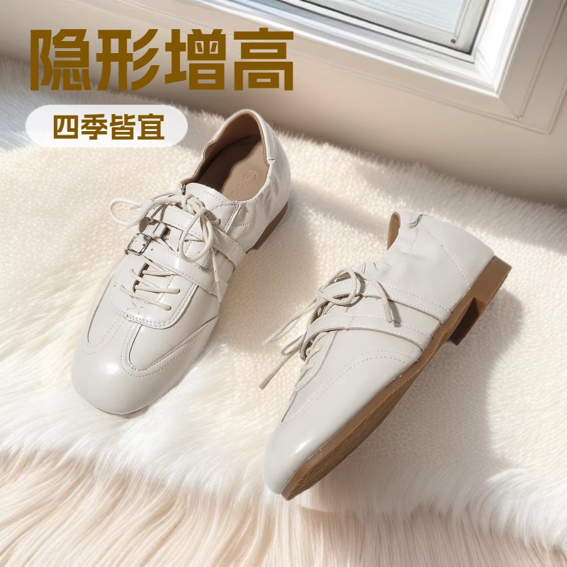 studiolee's 3cm height-increased square toe double-buckle lace-up casual shoes with a ballet-style leather upper