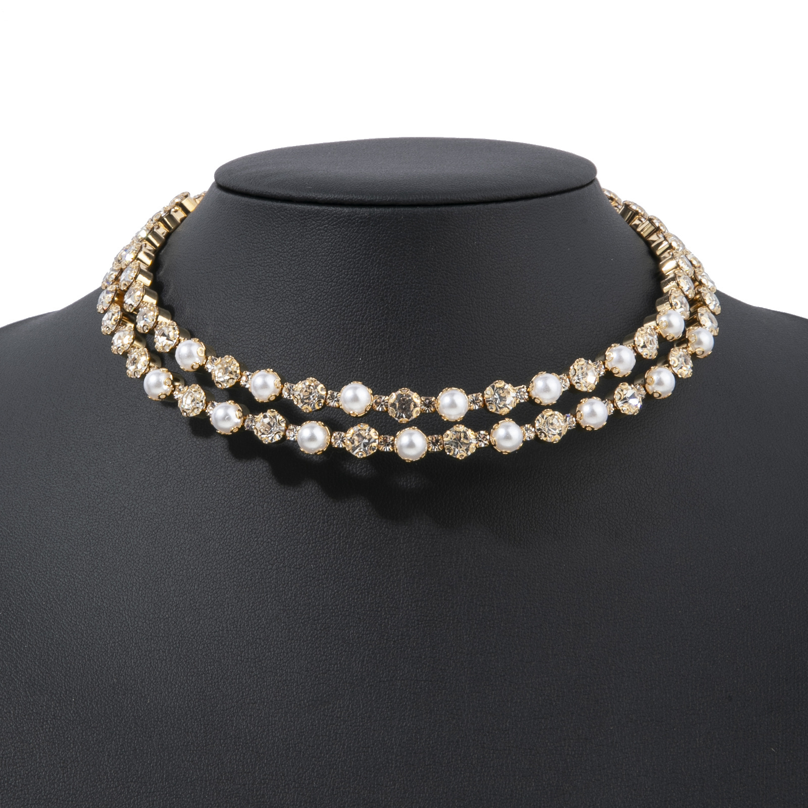 Cross-border European and American trend necklaces, full diamonds and rhinestones, two rows of pearl elastic , bride wedding dress accessories, exquisite diamond-encrusted, adjustable opening necklaces wholesale thumbnail