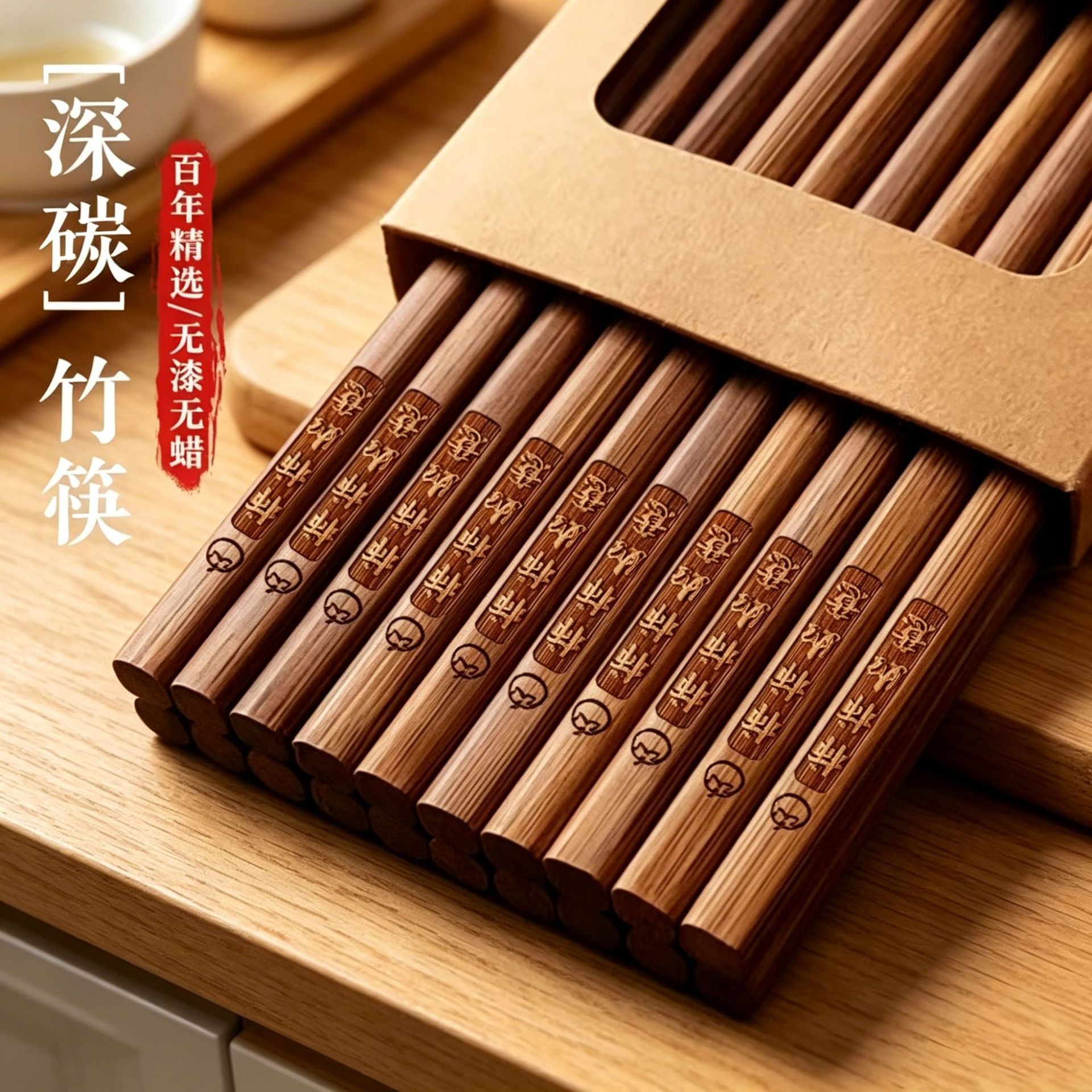 Carbonized Nan bamboo chopsticks for home use, high-end, unpainted, unwaxed, anti-mold, 10 pairs of deep-carbonized bamboo chopsticks, wishing you all the best