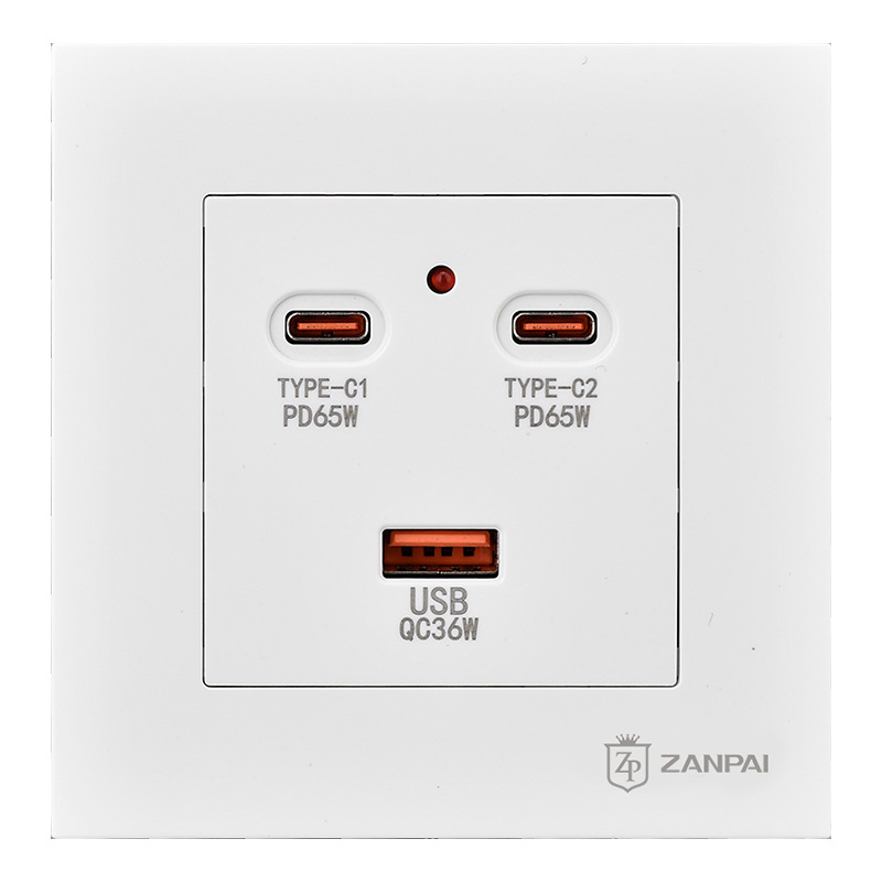 65W Super Fast charging socket panel 86 TYPE Wall Type-C +USB Android and Apple phone charging socket Item Picture