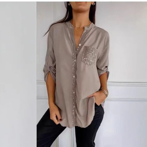 2025 New cross-border fashion sequined long-sleeved women's shirts from Europe and America are in stock Specification drawing