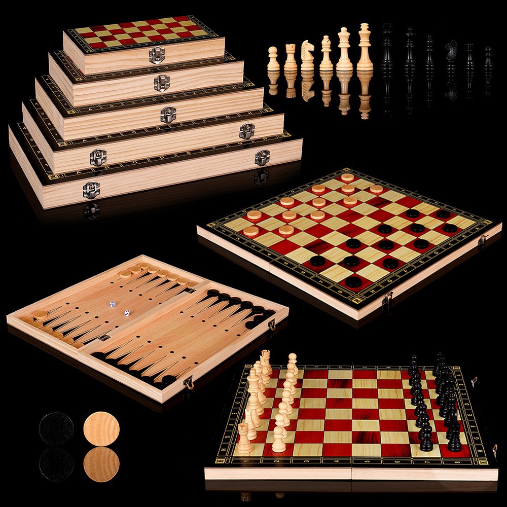 Wooden chess three-in-one multi-functional checkers backgammon board game toys and entertainment cards in various sizes Specification image