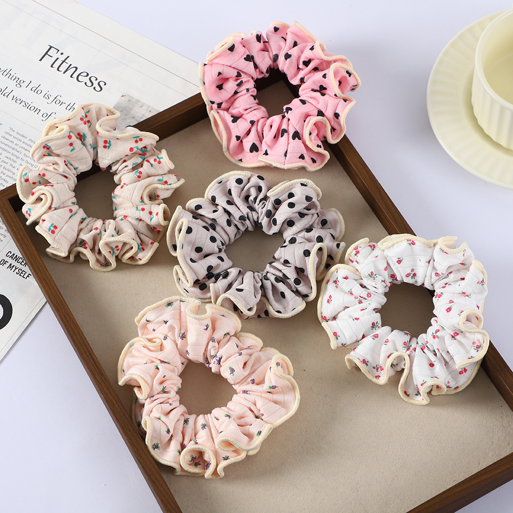 Wholesale of autumn and winter small floral hair bands, Korean-style knitted large intestine bands, high-elasticity and durable, sweet school-style ponytail hair ties details Picture