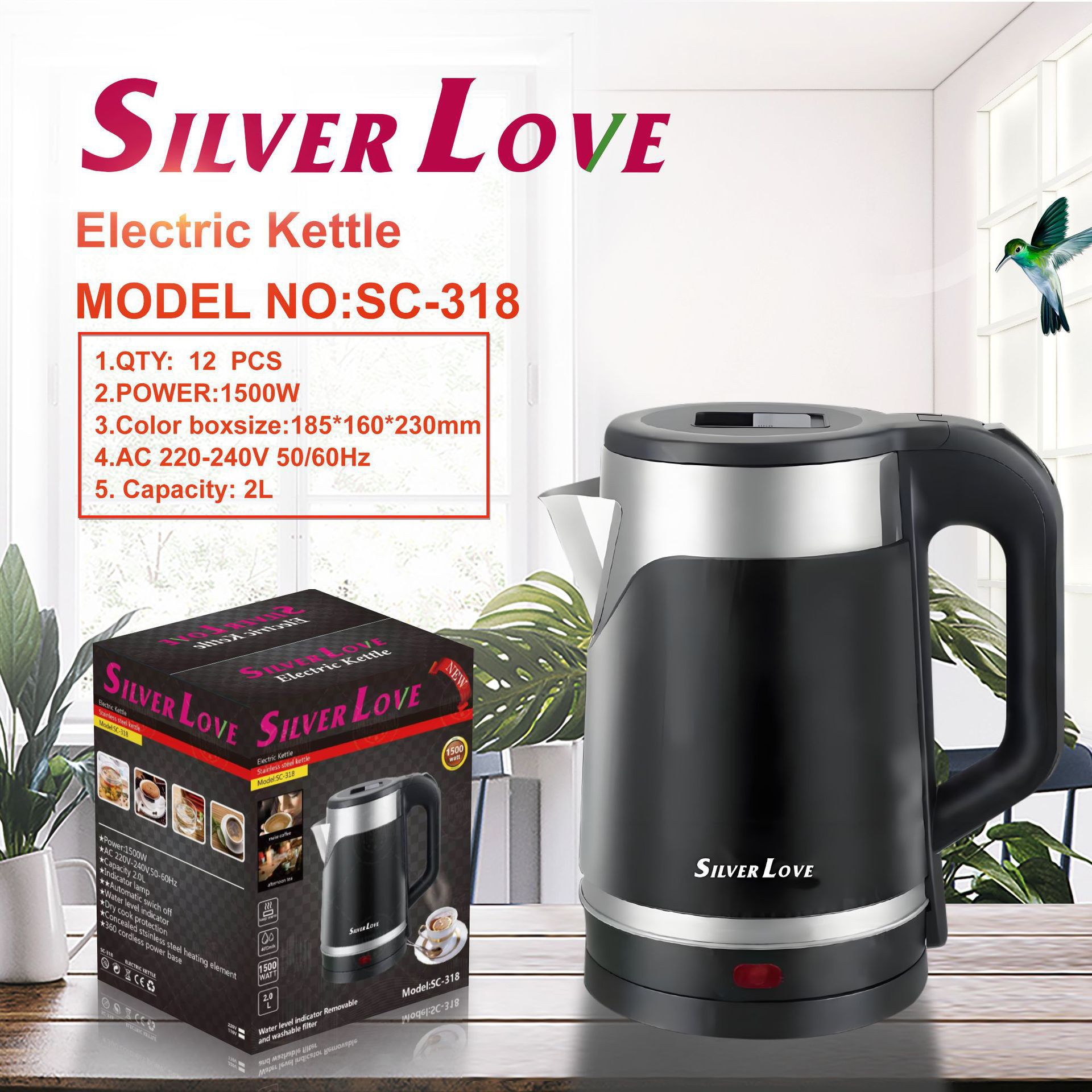 外贸出口电热水壶2.0L大容量烧水壶大功率塑料水壶Plastic kettle