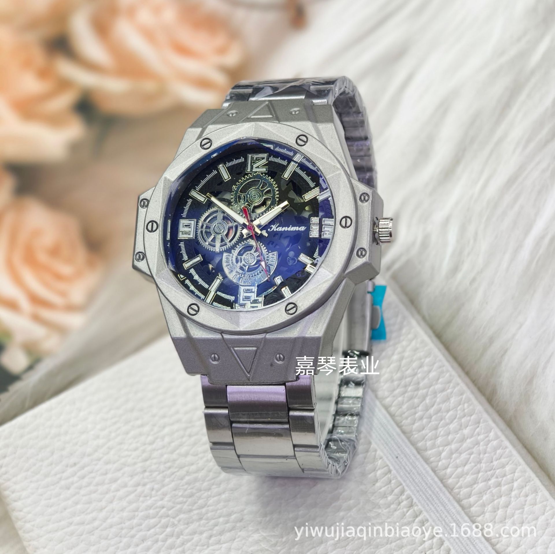 Cross-border foreign trade, European and American style men's fashionable and casual silver skeleton mechanical imitation watch, steel band watch Royal Oak Specification image