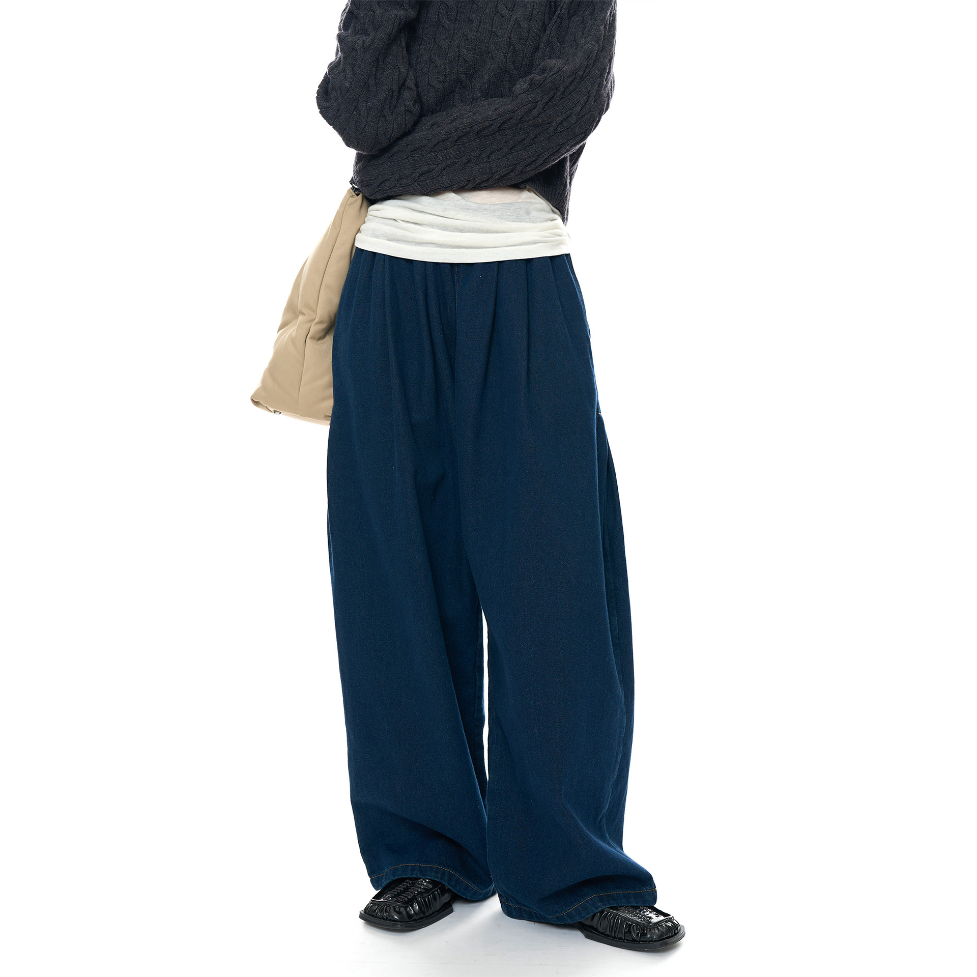 Dark blue high-waisted denim wide-leg pants for women, retro checkered pattern pants, bronze earthy warm pants for autumn and winter Specification image