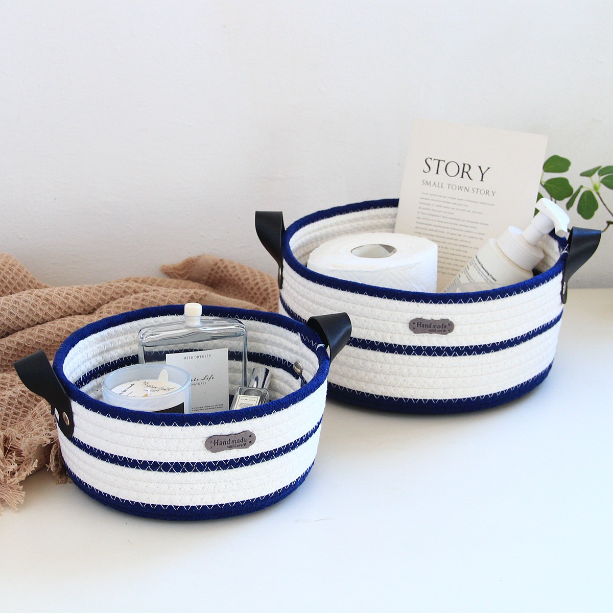 Round cotton rope woven storage basket with leather handle, InS-style desktop storage basket, cosmetics and toys storage box, Nordic style