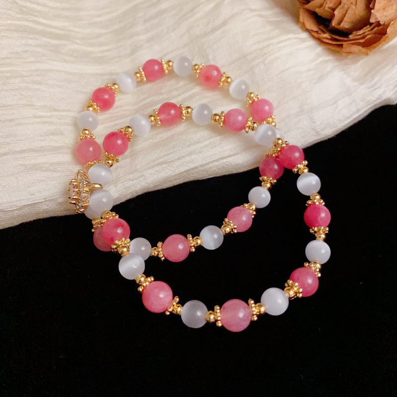 European and American cross-border light luxury gentle and versatile agate pearl cat's eye stone double-layer beaded bracelet, elegant, fashionable and simple bracelet
