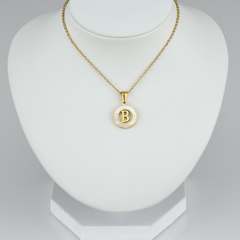 Cross-border 18K gold shell round stainless steel letter necklace, fashionable European and American titanium steel ring 26-letter pendant for women Specification image