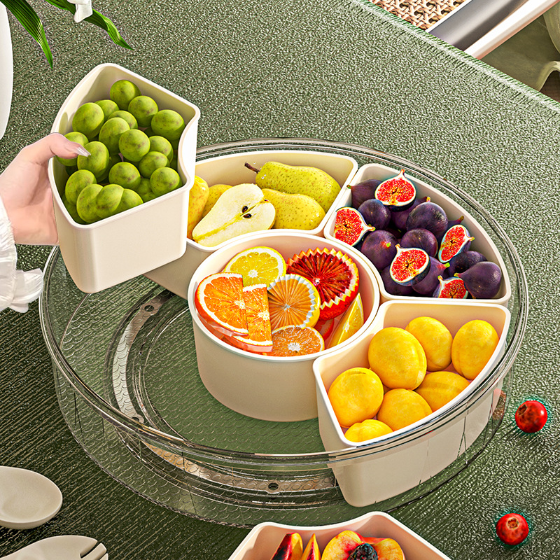 A portable household round covered snack box with a handle, a six-compartment rotating fruit plate, a sealed moisture-proof dried fruit plate Application Scenario