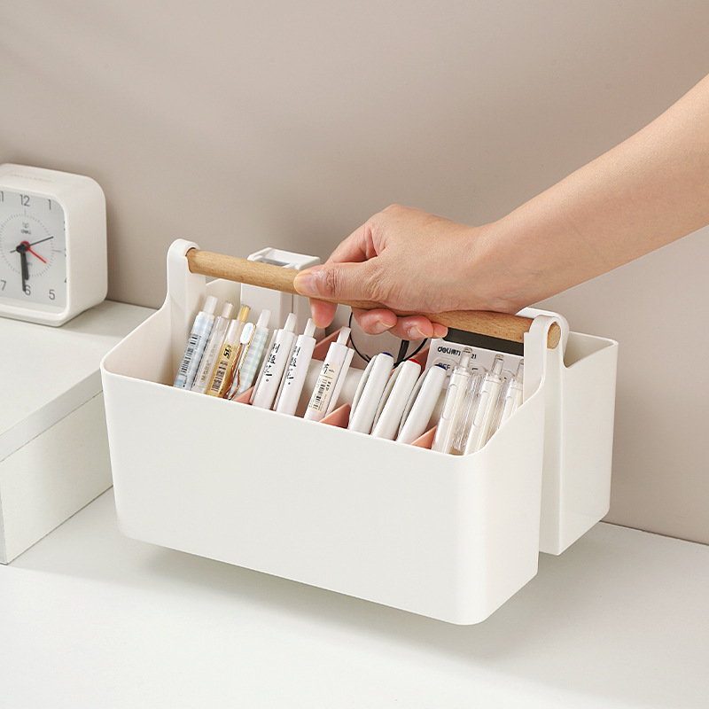 Desktop compartment-divided wooden hand-held storage box, stationery pen organization, stackable remote control, watercolor marker pen storage box