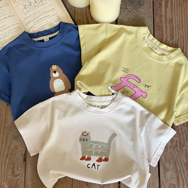 Korean-style stylish baby pure cotton breathable short-sleeved T-shirt 2025 summer wear for boys and girls cartoon versatile half-sleeved top